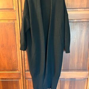 Black Long Open Cardigan O/S mid-calf length wool blend
